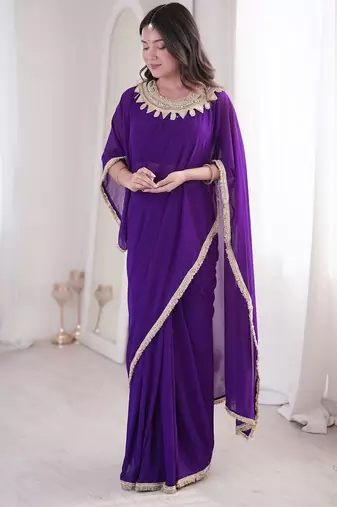 purple embroidered georgette party wear saree