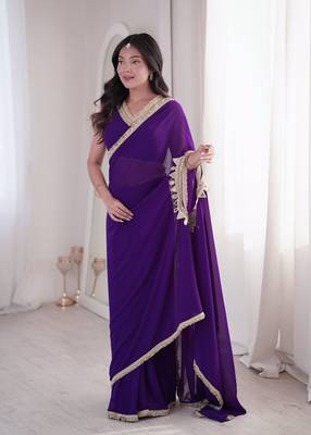 purple embroidered georgette party wear saree 5