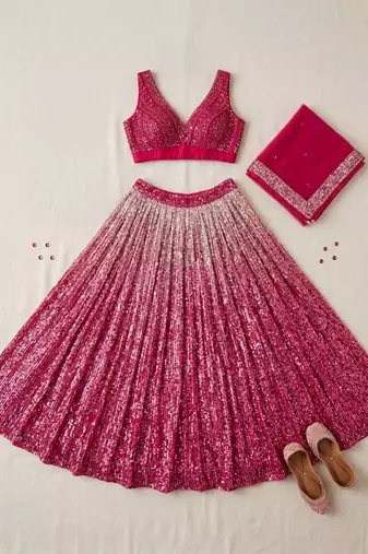 pink satin embroidered lehenga set