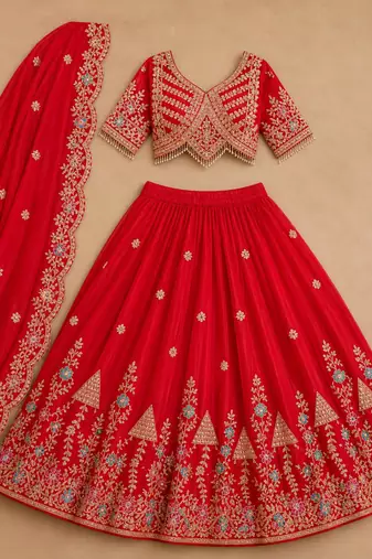 red silkblend embroidered lehenga set