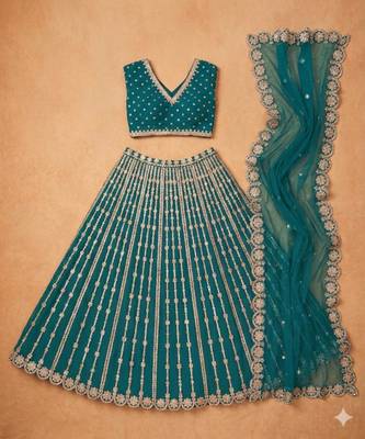 teal embroidered silk blend lehenga set 4