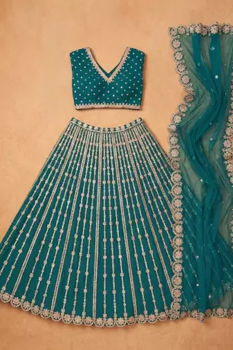 teal silk blend embroidered lehenga set