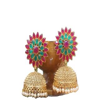 Multicolor bright pink and green stone studded golden jhumkis 2