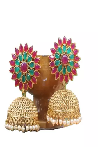 Multicolor bright pink and green stone studded golden jhumkis