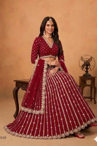 red silk blend embroidered lehenga set