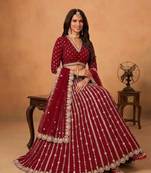 red embroidered silk blend circular lehenga set