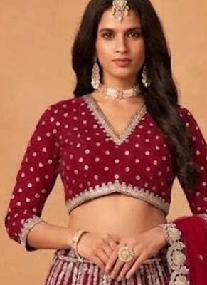 red embroidered silk blend circular lehenga set 3