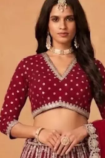 red silk blend embroidered lehenga set