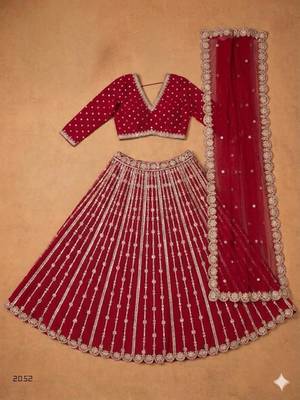 red embroidered silk blend circular lehenga set 4