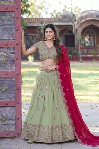 olive georgette embroidered lehenga set