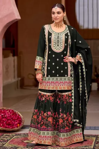 Black embroidered chinon free size stitched palazzo style salwar suit