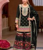 Black embroidered chinon free size stitched palazzo style salwar suit