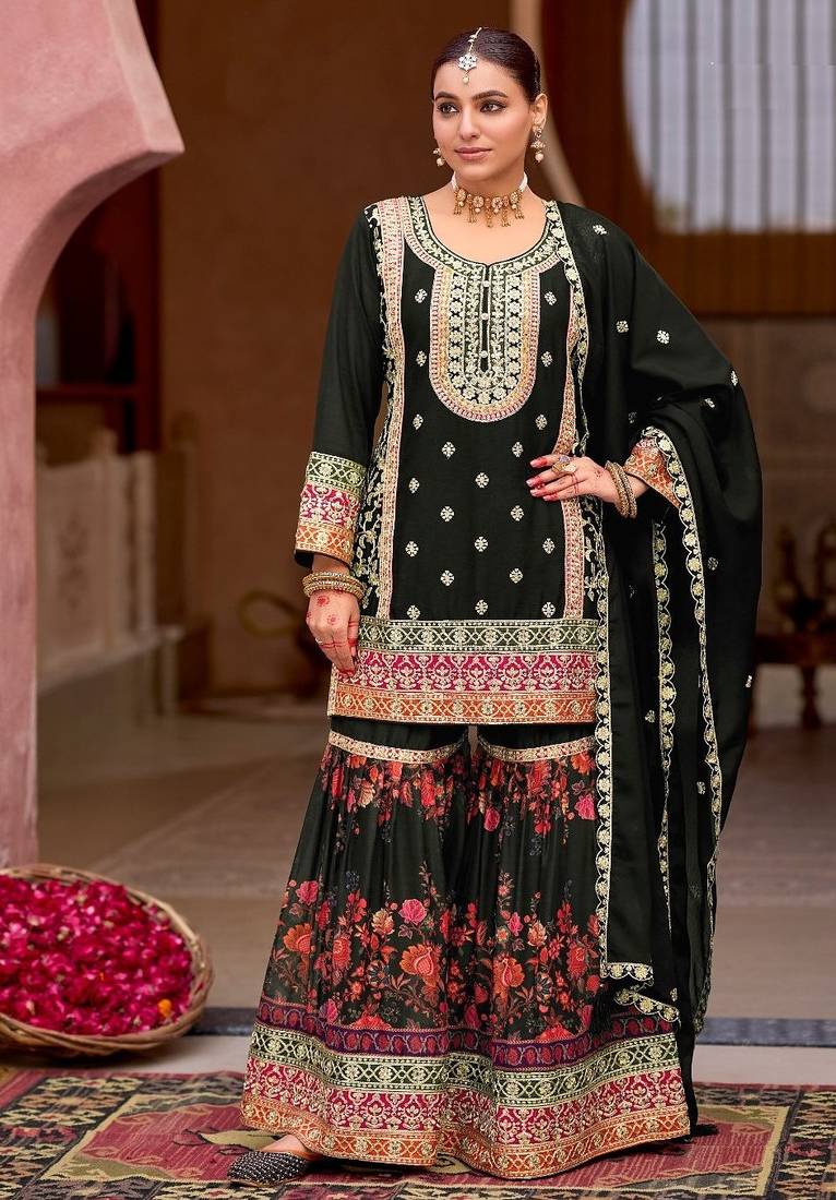 Black embroidered chinon free size stitched palazzo style salwar suit