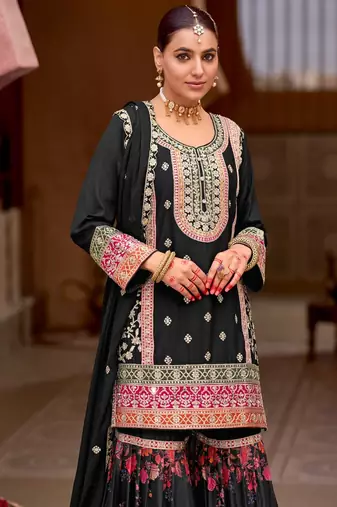 black zari embroidered silk palazzo salwar suit