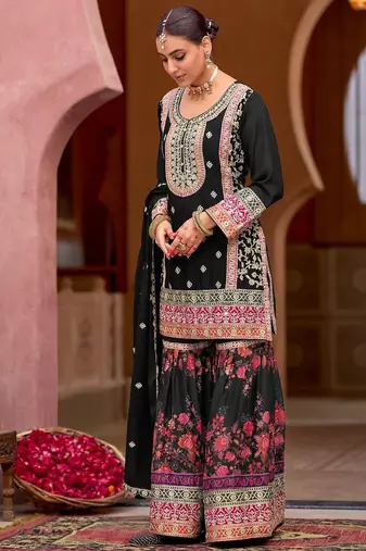 black zari embroidered silk palazzo salwar suit