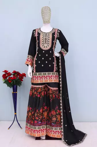 black zari embroidered silk palazzo salwar suit