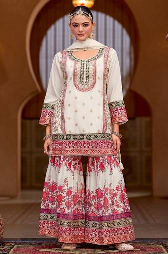 White embroidered chinon free size stitched palazzo style salwar suit