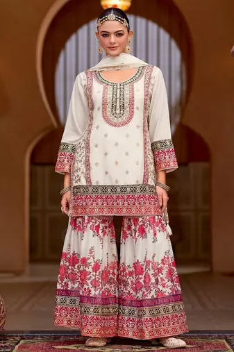 White embroidered chinon free size stitched palazzo style salwar suit
