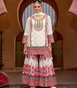 White embroidered chinon free size stitched palazzo style salwar suit