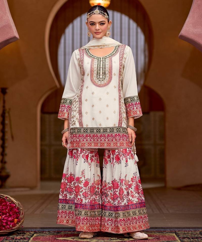 White embroidered chinon free size stitched palazzo style salwar suit