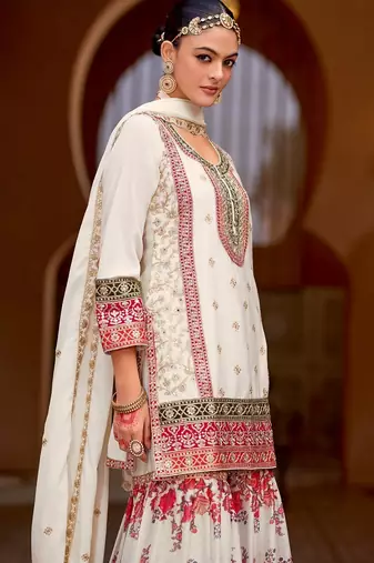 white zari embroidered silk palazzo salwar suit