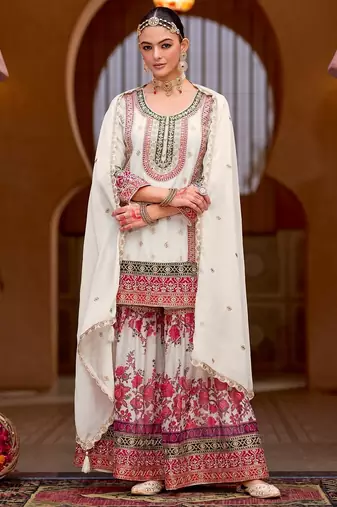 white zari embroidered silk palazzo salwar suit