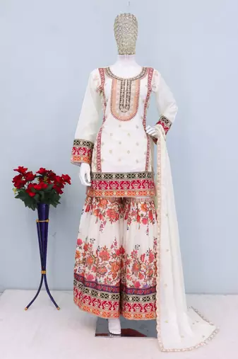 white zari embroidered silk palazzo salwar suit