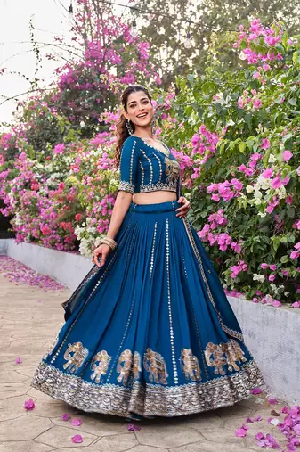 teal sequin and thread work silk lehenga set
