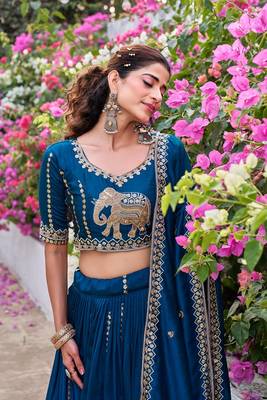 teal sequin and thread work silk blend lehenga set 4