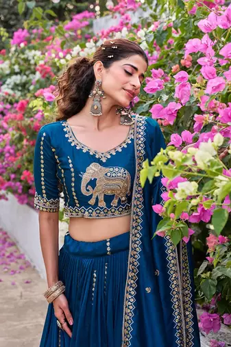 teal sequin and thread work silk lehenga set