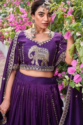 purple sequin embroidered silk lehenga set