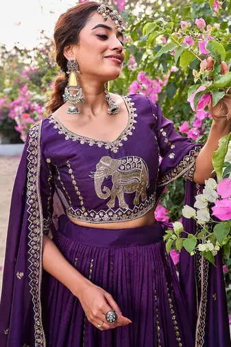purple sequin embroidered silk lehenga set