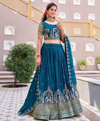 teal thread work embroidered silk blend lehenga set 2