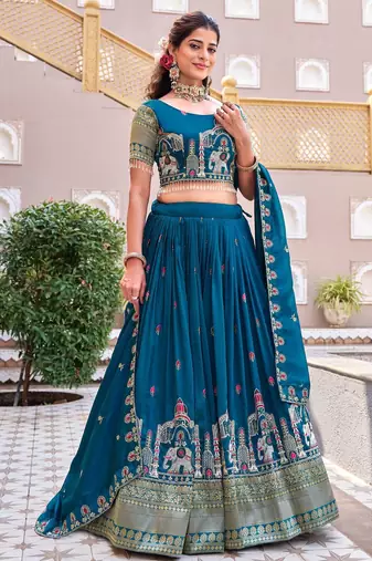 teal thread work embroidered silk lehenga set