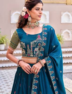 teal thread work embroidered silk blend lehenga set 3
