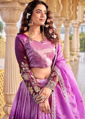 purple sequin and thread work silk lehenga set 2