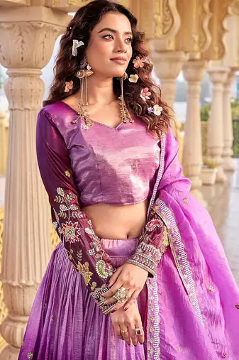 purple sequin and thread work silk lehenga set