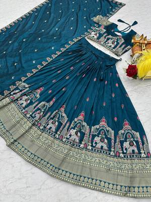 teal thread work embroidered silk blend lehenga set 4