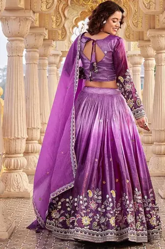 purple sequin and thread work silk lehenga set