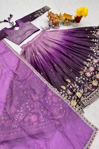 purple sequin and thread work silk lehenga set