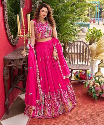 pink embroidered silk lehenga with dupatta 3