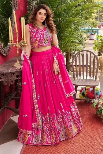 pink embroidered silk lehenga with dupatta