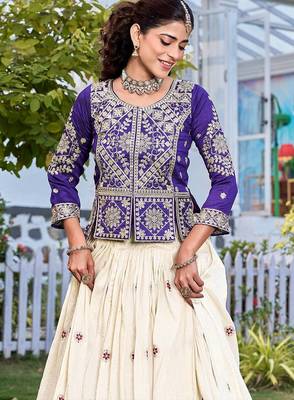 cream sequin and thread work silk lehenga set 2