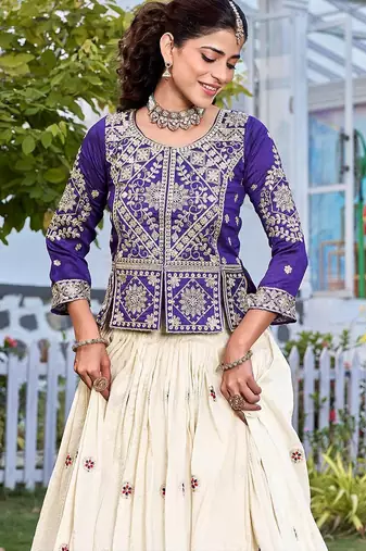 cream sequin and thread work silk lehenga set