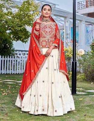 orange sequin and thread work silk lehenga set 1