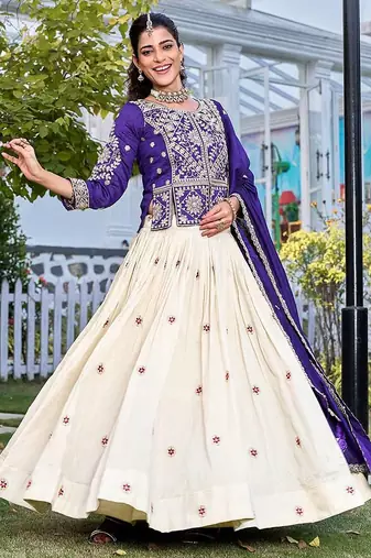 cream sequin and thread work silk lehenga set