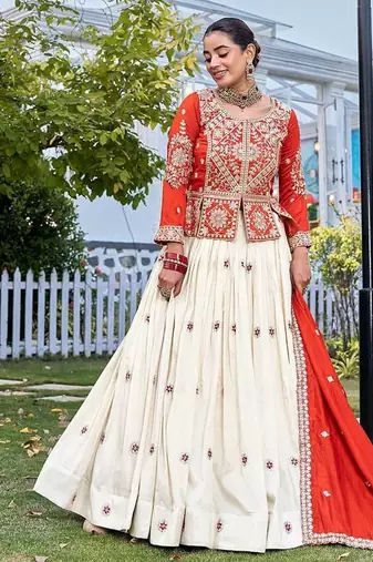orange sequin and thread work silk lehenga set