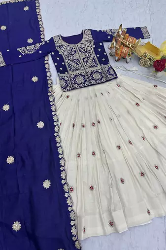 cream sequin and thread work silk lehenga set