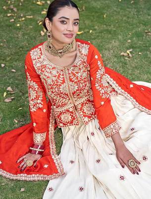 orange sequin and thread work silk lehenga set 3