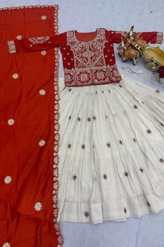 orange sequin and thread work silk lehenga set